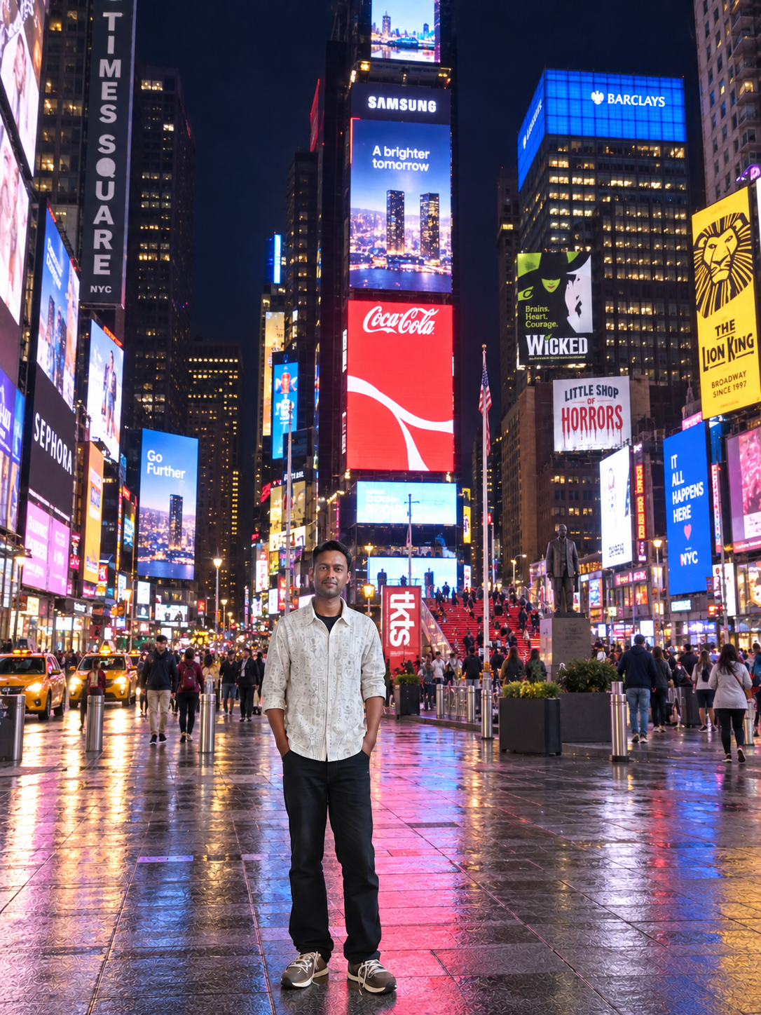 Ravi Patel standing in Times Square at night